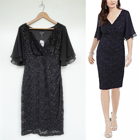 Connected Apparel Sequined Lace Dress Chiffon Flutter Sleeves - Picture 6 of 13